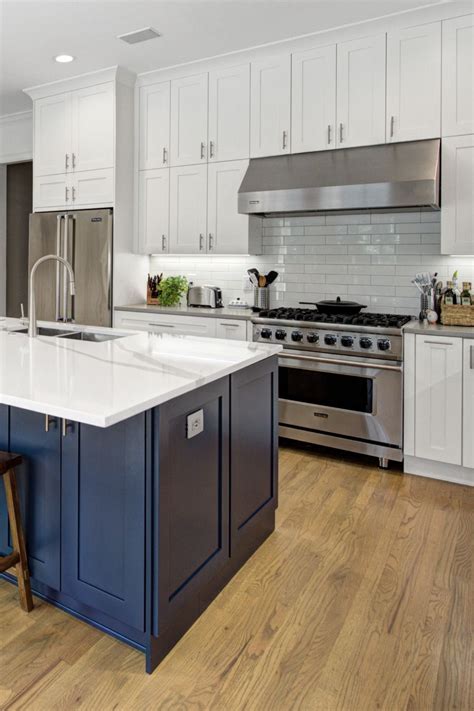 blue island with quartz countertops.